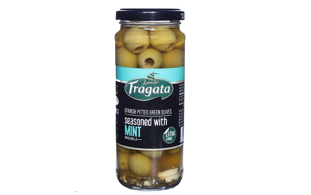 Fragata Spanish Pitted Green Olives, Seasoned with Mint   Glass Jar  330 grams